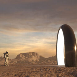 Astronaut in front of dimensional portal